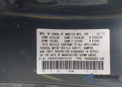 2013 Honda Accord Lx из США, поврежденный, VIN 1HGCR2F3XDA142230